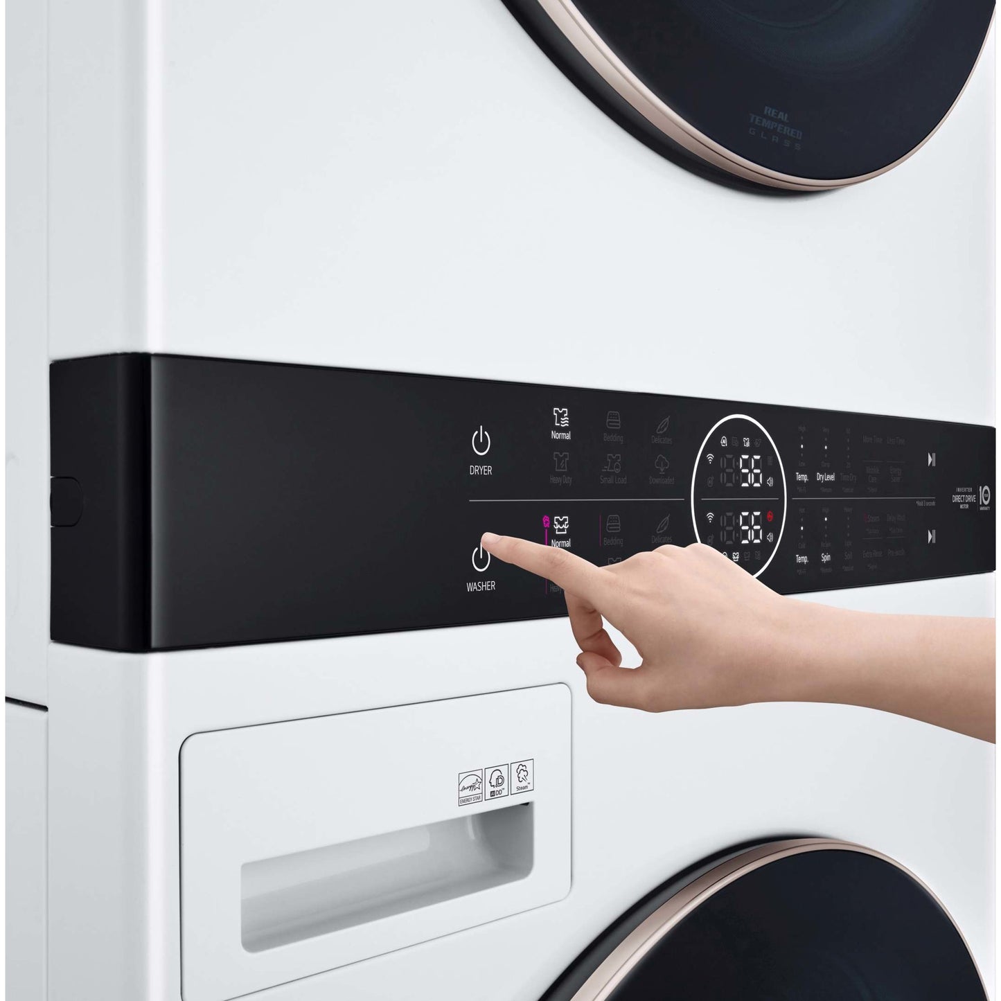 Ensemble laveuse et sécheuse superposées à chargement frontal avec commandes centrales LG – WKE100HWA