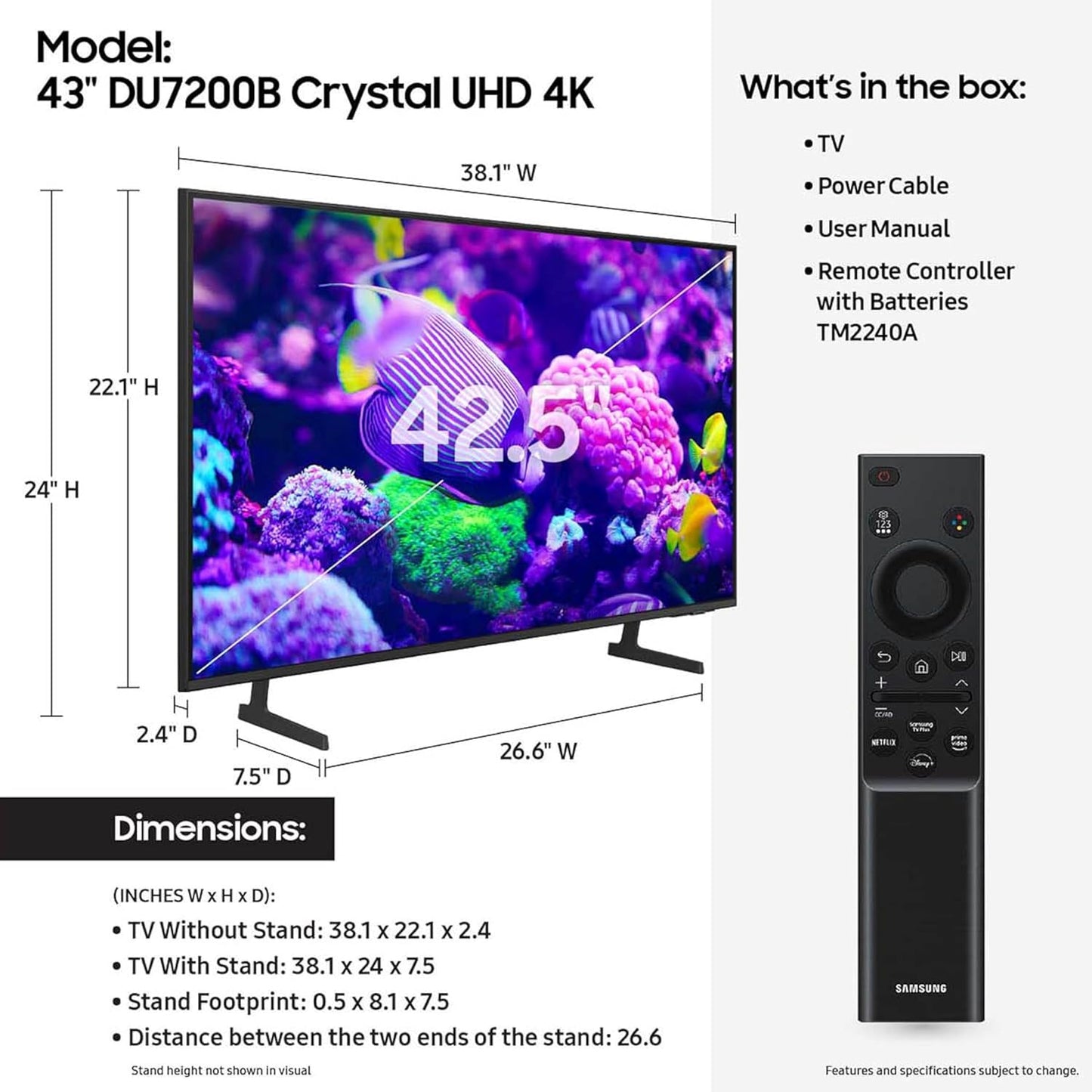 Samsung 43" Classe – Téléviseur Crystal UHD 4K Smart TV – Modèle UN43DU7200