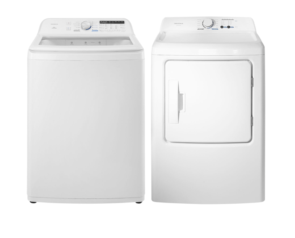 Insignia 27 po Ensemble laveuse à chargement par le haut et sécheuse électrique, capacité 4,7 pi³ et 6,7 pi³, finition blanc classique
