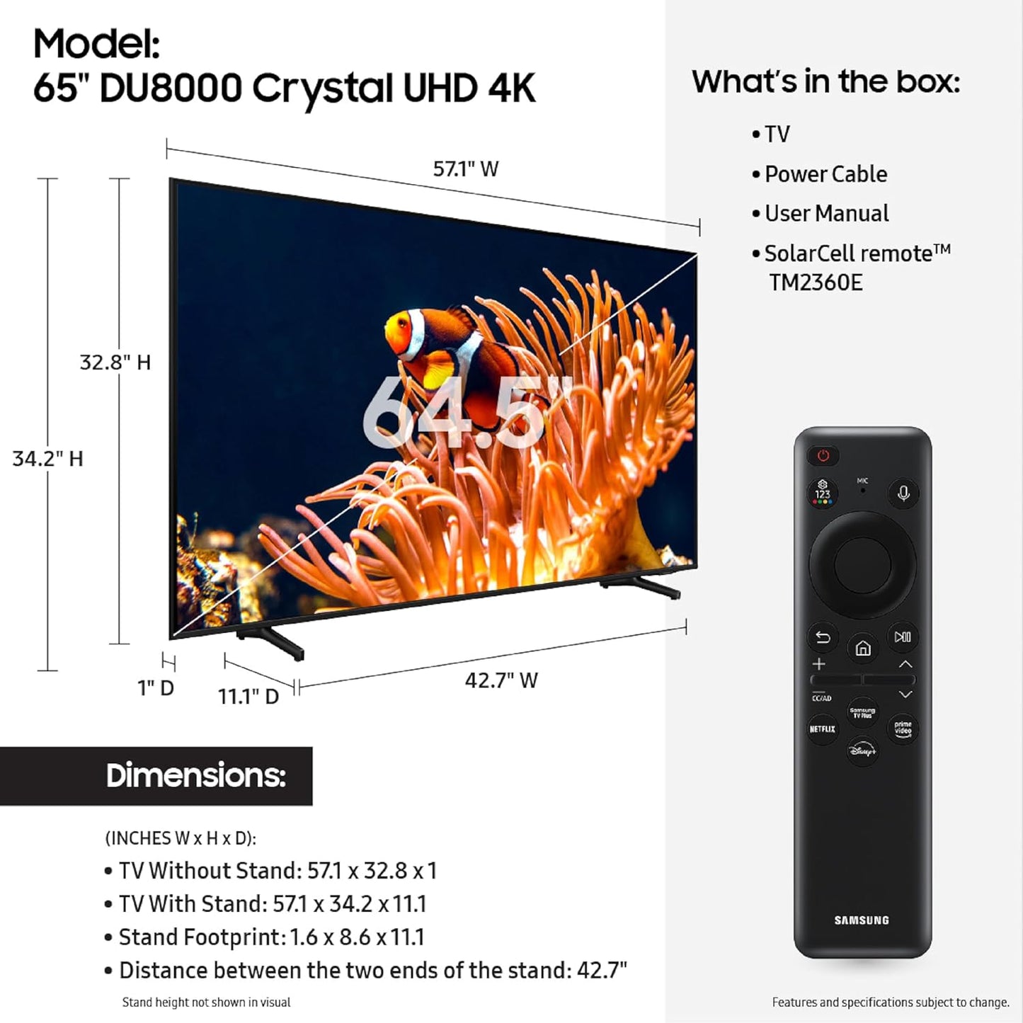 Samsung 65" Classe – Téléviseur Crystal UHD 4K Smart TV – Modèle UN65DU8000