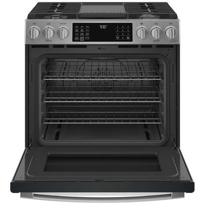 GE Profile 30-inch Slide-In Gas Range with Convection – Model PCGS930YPFS