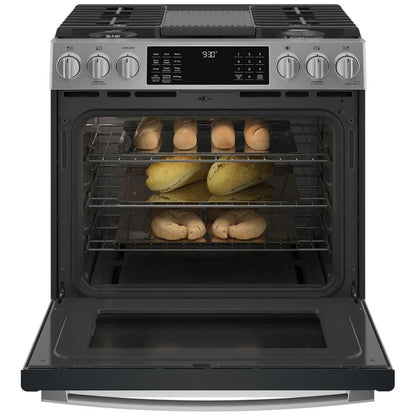 GE Profile 30-inch Slide-In Gas Range with Convection – Model PCGS930YPFS